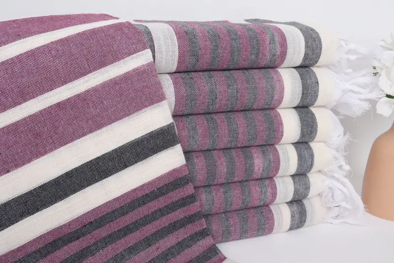 Türk Havlusu Kişiye Özel Plaj Havlusu Mürdüm-Siyah Çizgili, 40x67 İnç