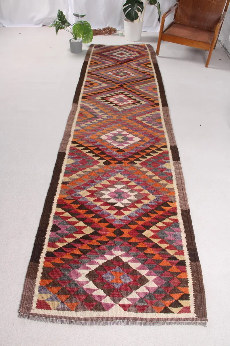 Purple & Orange Rug, 2,8x11,3 ft Geometric Floral