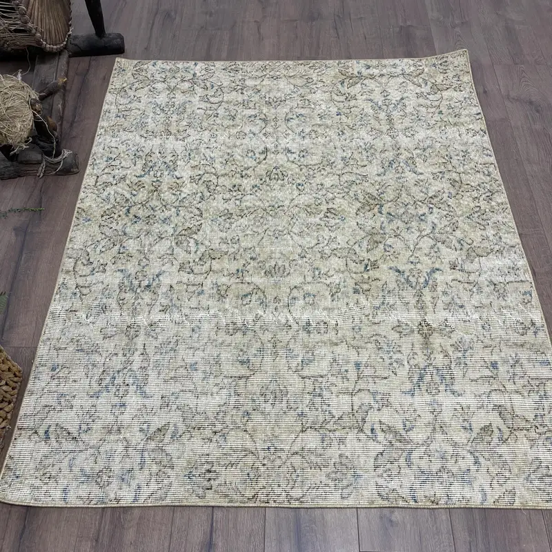 Elegante alfombra marroquí beige y azul, decoración elegante de 4,1 x 5 pies