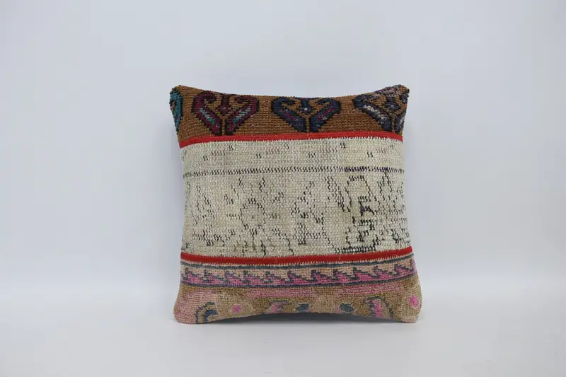 Turkish Rustic Cushion, Wool Antique 16x16 inch Beige Pillow Case - 1