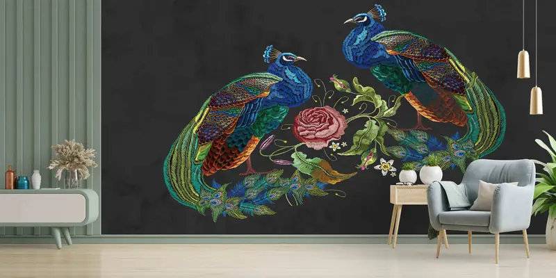 Vintage Tavuskuşu Nakış Baskılı Duvar Kağıdı: Zarif Ev Dekorasyonu