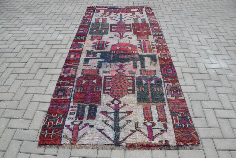 Alfombra turca Herki de 4x9,3 pies, alfombra de lana vintage floral roja - 1