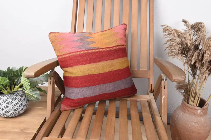 Boho Pillow, Ottoman Pillow Cover, Cushion Case, Kilim Cushion Sham, Home Decor Pillow, 16x16 Red Pillow Cover, Chair Pillow Cover - 1