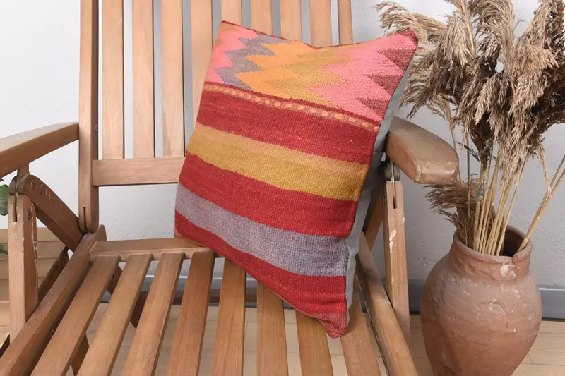 Boho Pillow, Ottoman Pillow Cover, Cushion Case, Kilim Cushion Sham, Home Decor Pillow, 16x16 Red Pillow Cover, Chair Pillow Cover - 3