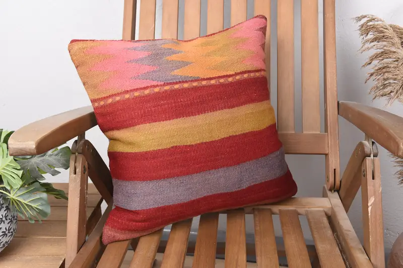 Boho Pillow, Ottoman Pillow Cover, Cushion Case, Kilim Cushion Sham, Home Decor Pillow, 16x16 Red Pillow Cover, Chair Pillow Cover - 2