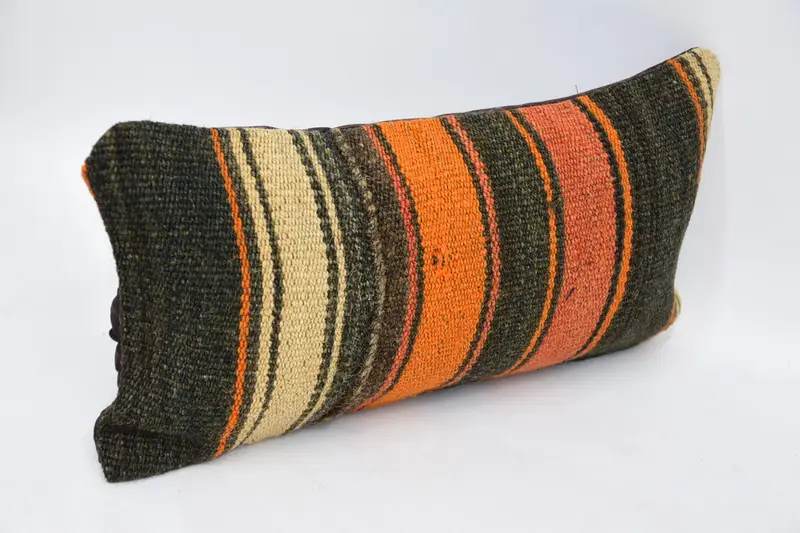 Pillow Sham, Turkish Kilim Pillow, Handwoven Pillow Cover, Ethnical Kilim Rug Pillow, 8x16 Orange Pillow, Outdoor Patio Cushion Cover, Kilim Pillow - 3