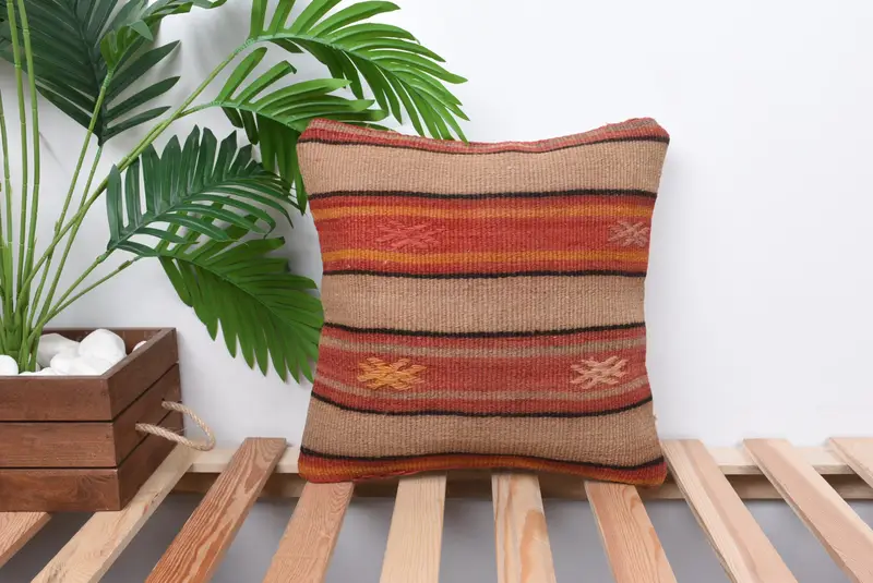 14x14 Beige Pillow Case, Antique Pillows, Pillow for Sofa, Anatolian Pillow Sham, Handmade Throw Cushion Cover, Boho Pillow, Cushion Case - 1