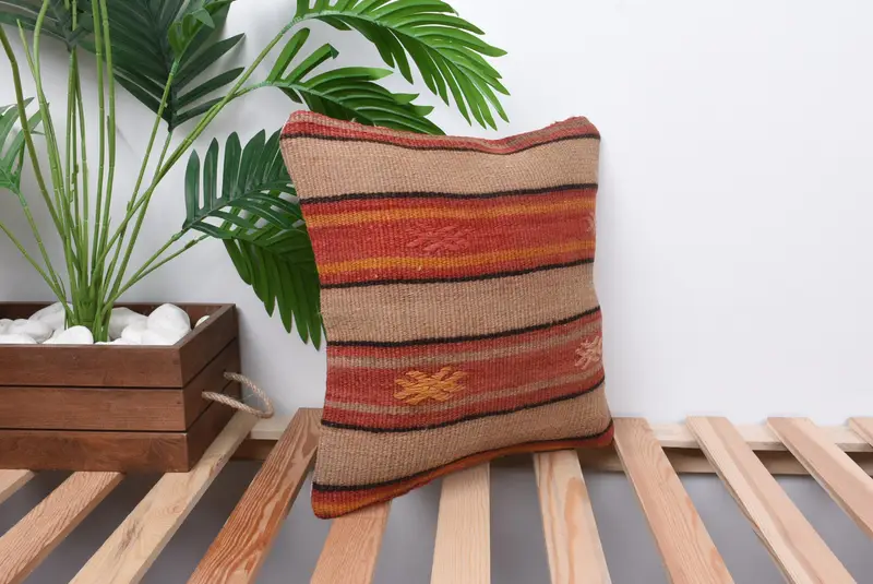 14x14 Beige Pillow Case, Antique Pillows, Pillow for Sofa, Anatolian Pillow Sham, Handmade Throw Cushion Cover, Boho Pillow, Cushion Case - 4