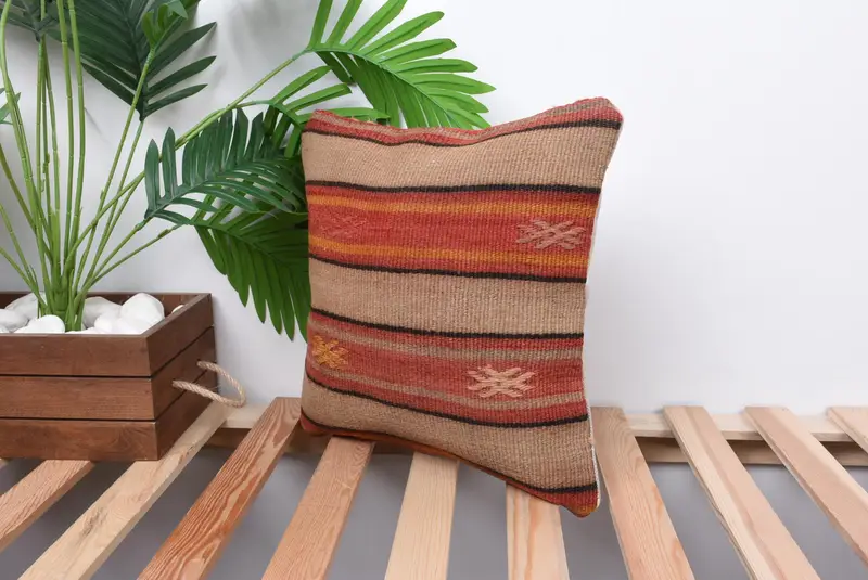 14x14 Beige Pillow Case, Antique Pillows, Pillow for Sofa, Anatolian Pillow Sham, Handmade Throw Cushion Cover, Boho Pillow, Cushion Case - 5