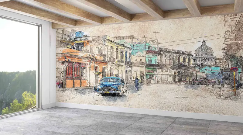 Peel and Stick Wallpaper, City Architecture Drawing Wallpaper, City Landscape Wall Mural, Wallpaper, Office Wall Paper, Wallpaper Mural, - 4