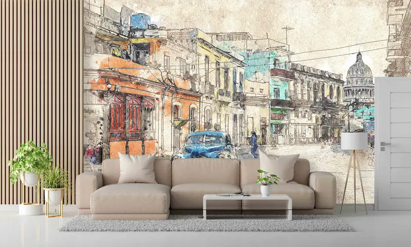 Peel and Stick Wallpaper, City Architecture Drawing Wallpaper, City Landscape Wall Mural, Wallpaper, Office Wall Paper, Wallpaper Mural, - 1