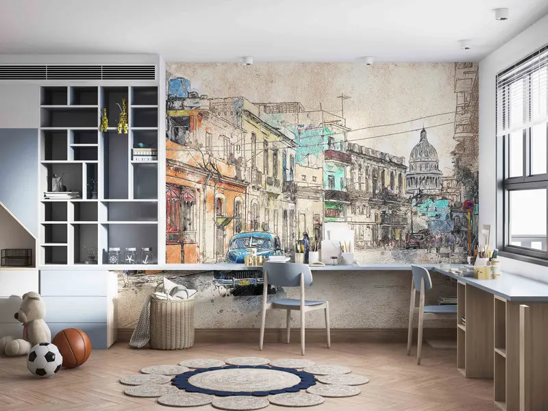 Peel and Stick Wallpaper, City Architecture Drawing Wallpaper, City Landscape Wall Mural, Wallpaper, Office Wall Paper, Wallpaper Mural, - 5