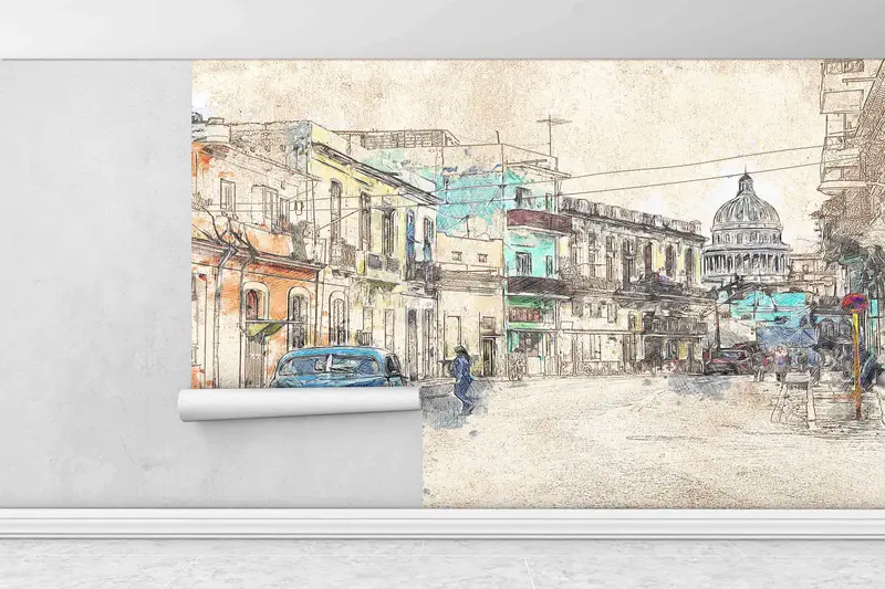 Peel and Stick Wallpaper, City Architecture Drawing Wallpaper, City Landscape Wall Mural, Wallpaper, Office Wall Paper, Wallpaper Mural, - 3