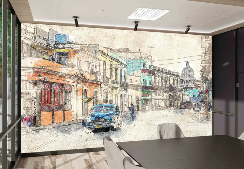 Peel and Stick Wallpaper, City Architecture Drawing Wallpaper, City Landscape Wall Mural, Wallpaper, Office Wall Paper, Wallpaper Mural, - 2