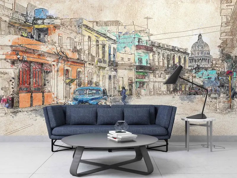 Peel and Stick Wallpaper, City Architecture Drawing Wallpaper, City Landscape Wall Mural, Wallpaper, Office Wall Paper, Wallpaper Mural, - 7