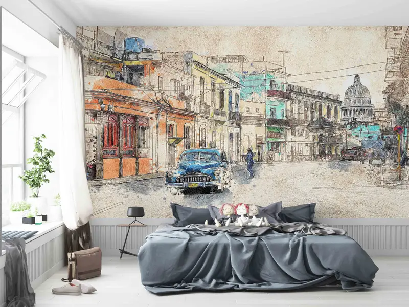 Peel and Stick Wallpaper, City Architecture Drawing Wallpaper, City Landscape Wall Mural, Wallpaper, Office Wall Paper, Wallpaper Mural, - 6