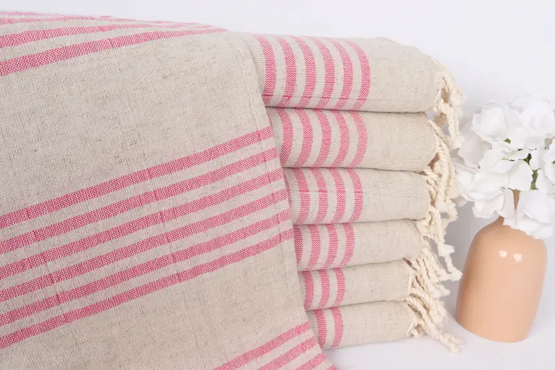 Yaz Hediyesi Çizgili Havlu Fuşya Keten, Kişiye Özel Türk Hamam Havlusu, 40x71 İnç