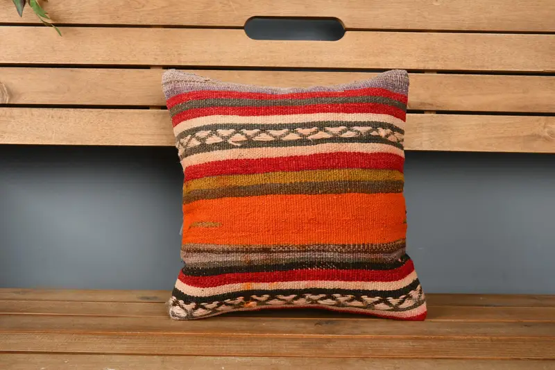 Retro Pillow, 14x14 Orange Pillow Case, Pillow, Vintage Throw Cushion, Vintage Pillow, Pillow for Sofa, Floor Cushion, Turkish Kilim Pillow - 6