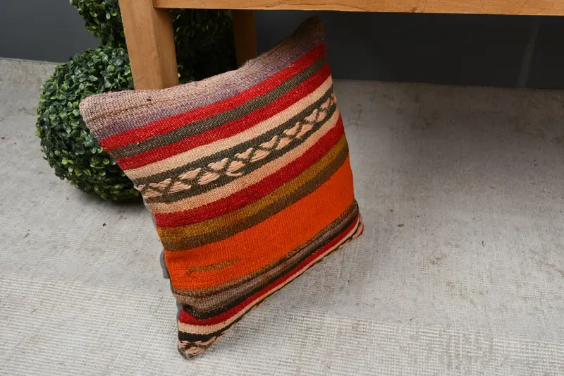 Retro Pillow, 14x14 Orange Pillow Case, Pillow, Vintage Throw Cushion, Vintage Pillow, Pillow for Sofa, Floor Cushion, Turkish Kilim Pillow - 7