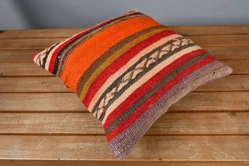 Retro Pillow, 14x14 Orange Pillow Case, Pillow, Vintage Throw Cushion, Vintage Pillow, Pillow for Sofa, Floor Cushion, Turkish Kilim Pillow - 2