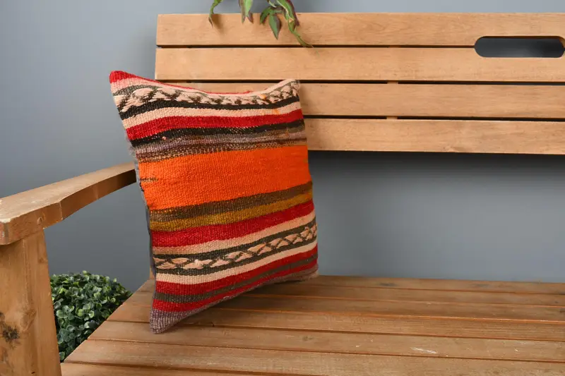 Retro Pillow, 14x14 Orange Pillow Case, Pillow, Vintage Throw Cushion, Vintage Pillow, Pillow for Sofa, Floor Cushion, Turkish Kilim Pillow - 1