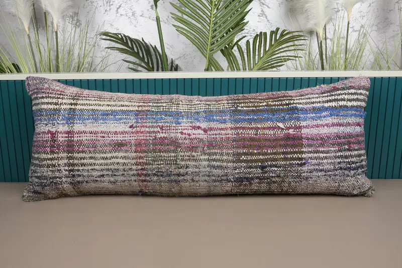 Lila & Bronze gestreiftes Kissen, besticktes Vintage-Kissen