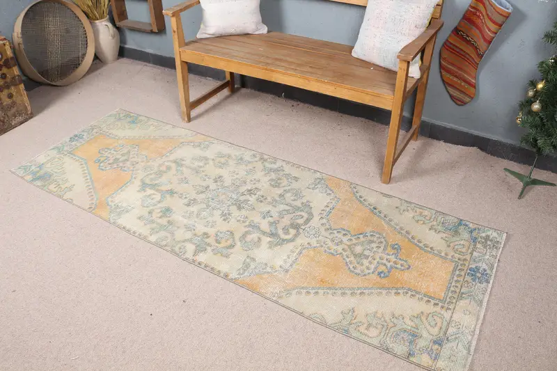 Vintage Halı, Yolluk 2.5x7.3 ft Türk Halısı, Sarı Çiçekli Yün Halı - 1