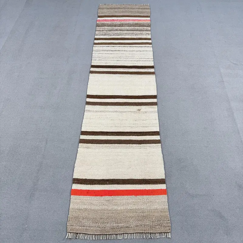 2.3x9.6 ft Runner Turkish Vintage Rug, Brown Striped Wool Rug - 1