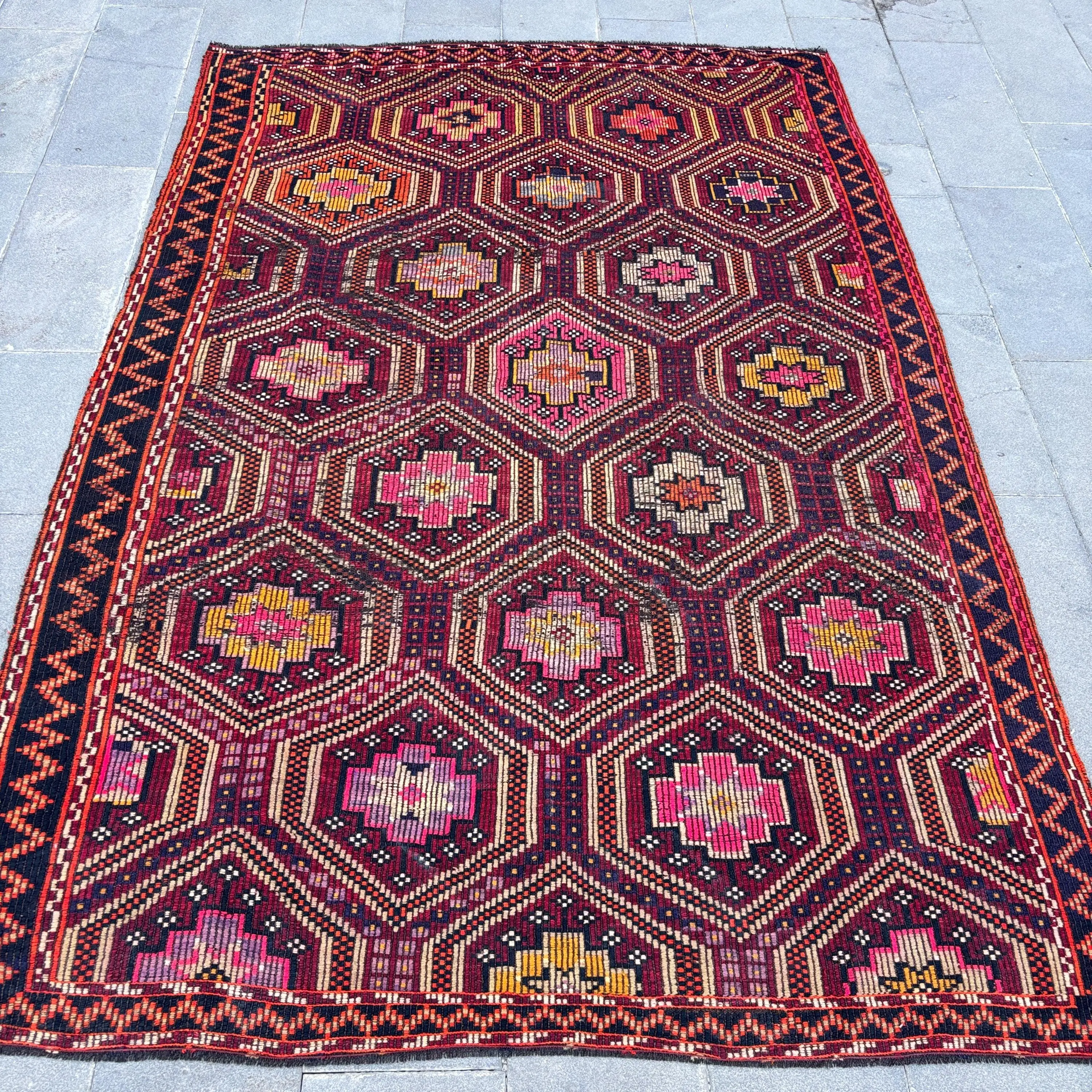 Vintage 6,4x9,4 ft Teppich, großer türkischer Teppich, rot-rosa Teppich - 1
