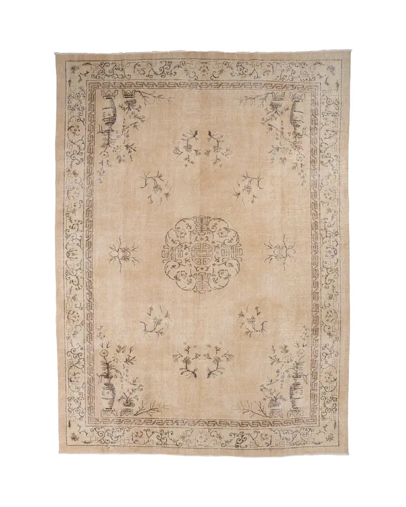 Türkischer Vintage-Teppich, 9 x 12,4 Fuß großer Oushak-Teppich, brauner, übergroßer Polka-Dot-Teppich - 1