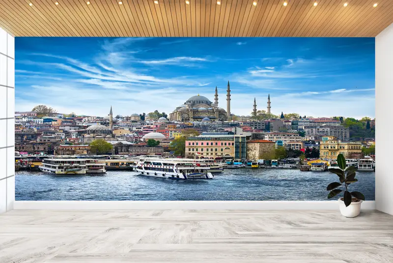 Zarif İstanbul Deniz Manzarası Baskılı Duvar Kağıdı: Türk İslam Sanatı