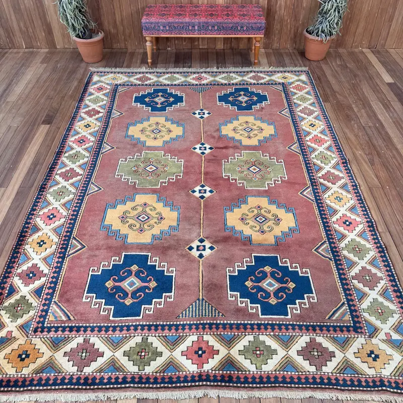 7.3x10.3 ft Rug, Vintage Turkish Oversize Rug, Red Oushak Wool Rug - 1