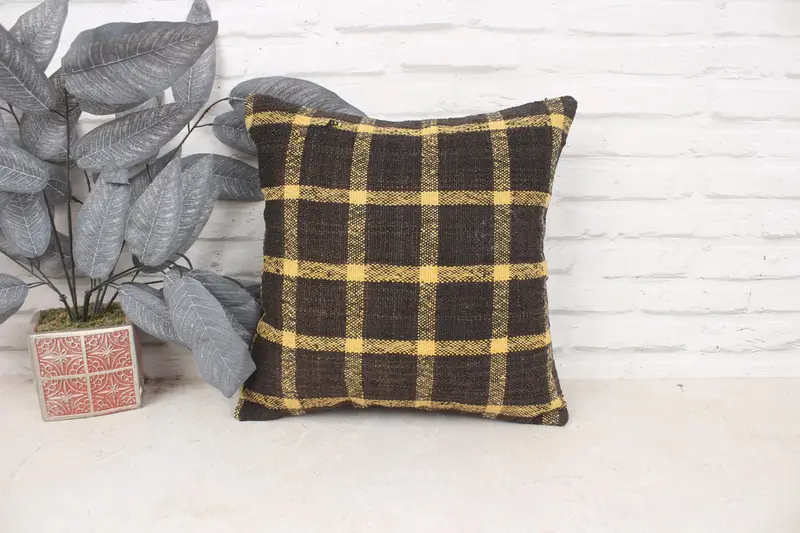 Pillow for Couch, Morroccon Kilim Cushion Pillow Sham, Ethnical Kilim Rug Pillow, 16x16 Brown Cushion Cover, Vintage Pillow, Cushion Cover - 1