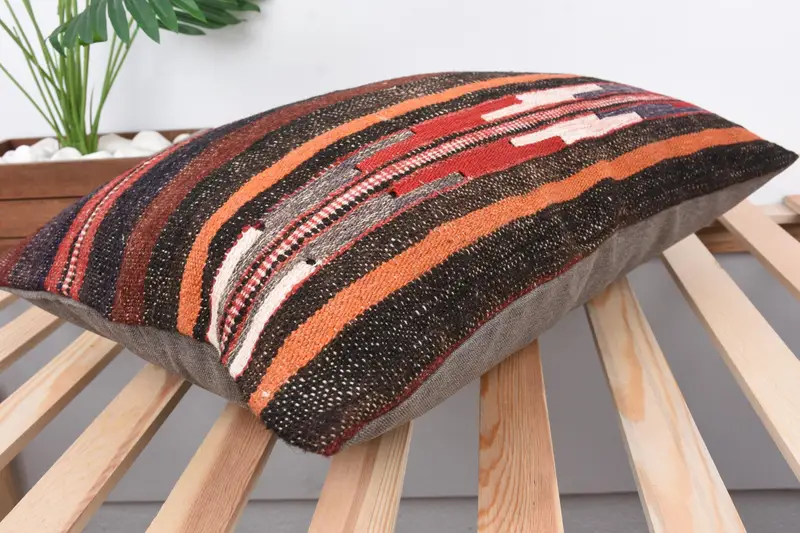 Throw Kilim Pillow, Kilim Cushion Sham, Handmade Kilim Cushion, Pillow, 16x24 Brown Pillow Case, Sustainable Cushion Cover - 6