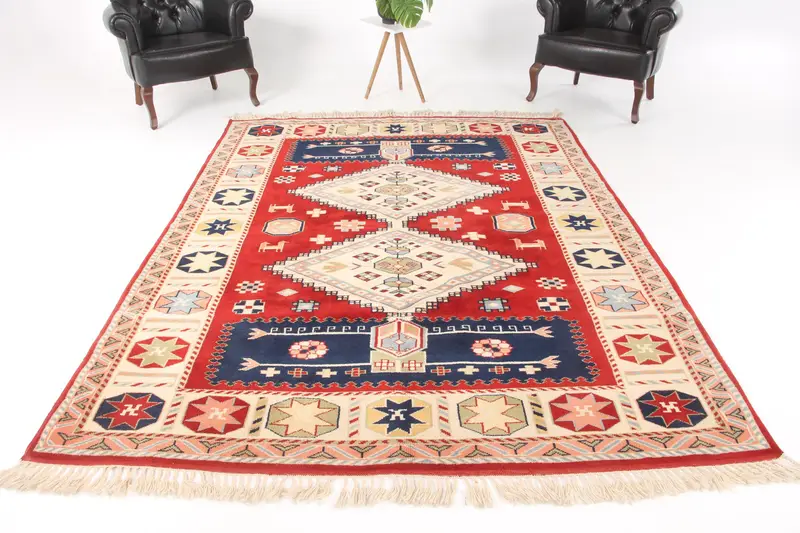Vintage 6.7x8.8 ft Rug, Oushak Turkish Rug, Red Solid Rug Wool - 1