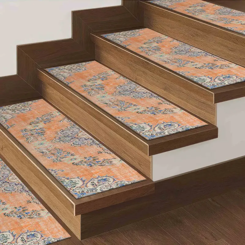 Orange & Blue Floral Ethnic Kilim Stair Rug, Printed Design