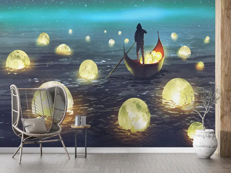 Moon Wall Decor, Man Sailing Wall Painting, Abstract Wall Painting, Man Wall Print, Moon Night Wall Decor, Full Moon Wall Painting, - 7