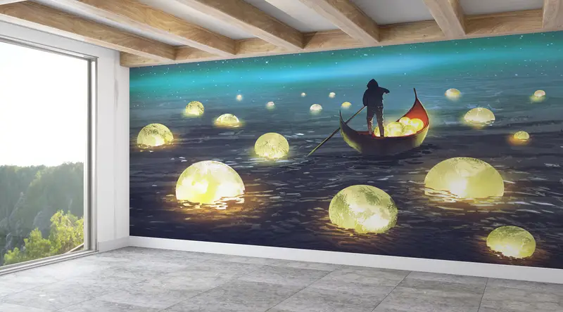 Moon Wall Decor, Man Sailing Wall Painting, Abstract Wall Painting, Man Wall Print, Moon Night Wall Decor, Full Moon Wall Painting, - 2