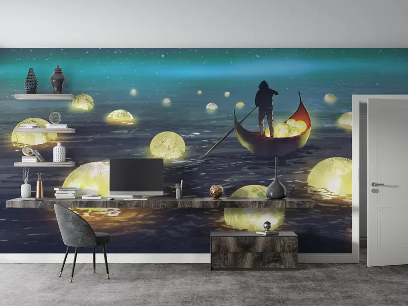 Moon Wall Decor, Man Sailing Wall Painting, Abstract Wall Painting, Man Wall Print, Moon Night Wall Decor, Full Moon Wall Painting, - 4