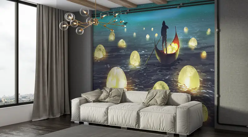 Moon Wall Decor, Man Sailing Wall Painting, Abstract Wall Painting, Man Wall Print, Moon Night Wall Decor, Full Moon Wall Painting, - 5