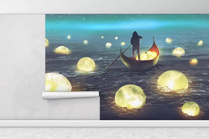Moon Wall Decor, Man Sailing Wall Painting, Abstract Wall Painting, Man Wall Print, Moon Night Wall Decor, Full Moon Wall Painting, - 1