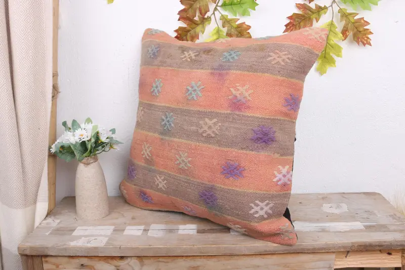 Ethnical Kilim Rug Pillow, 18x18 Orange Pillow Case, Turkish Kilim Pillow, Pillow Sham, Kilim Pillow, Crochet Pattern Pillow Cover - 4