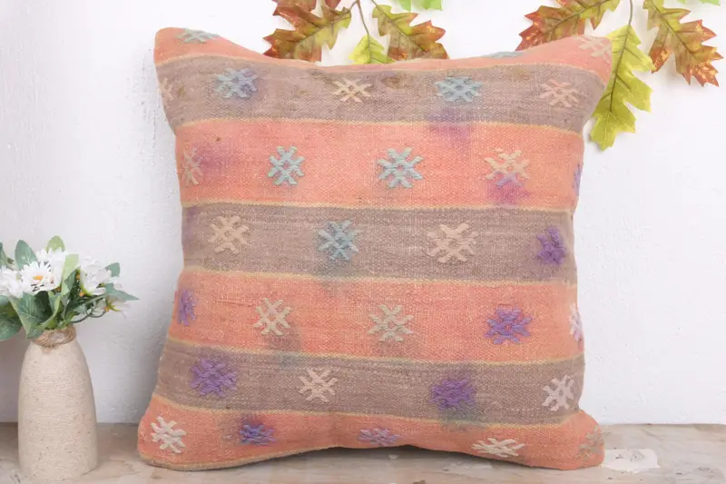 Ethnical Kilim Rug Pillow, 18x18 Orange Pillow Case, Turkish Kilim Pillow, Pillow Sham, Kilim Pillow, Crochet Pattern Pillow Cover - 2