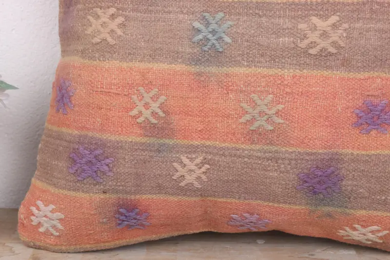 Ethnical Kilim Rug Pillow, 18x18 Orange Pillow Case, Turkish Kilim Pillow, Pillow Sham, Kilim Pillow, Crochet Pattern Pillow Cover - 3
