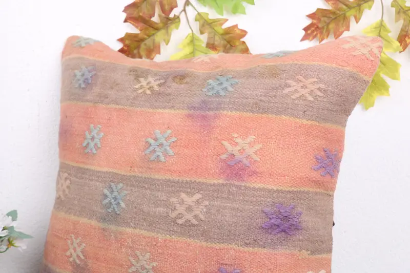 Ethnical Kilim Rug Pillow, 18x18 Orange Pillow Case, Turkish Kilim Pillow, Pillow Sham, Kilim Pillow, Crochet Pattern Pillow Cover - 5