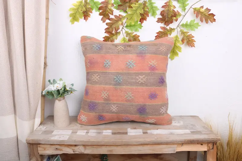 Ethnical Kilim Rug Pillow, 18x18 Orange Pillow Case, Turkish Kilim Pillow, Pillow Sham, Kilim Pillow, Crochet Pattern Pillow Cover - 1