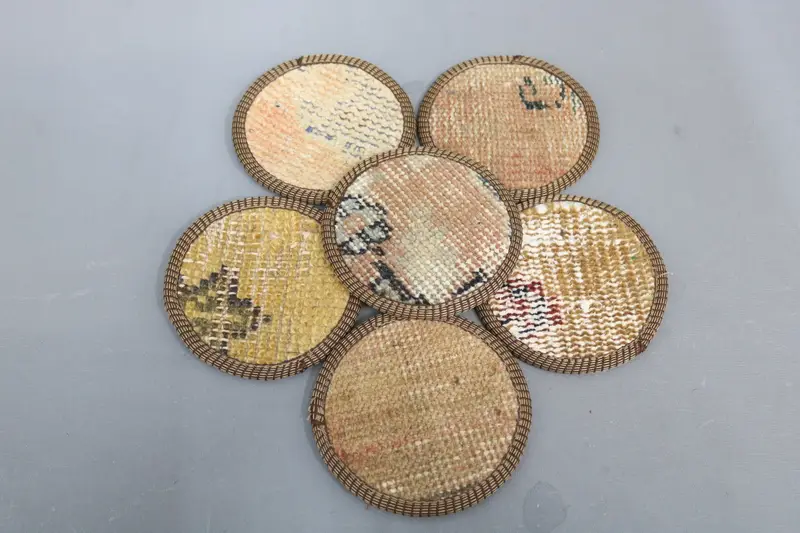 Brown Kilim Coaster, Durable Wool and Leather Table Coaster