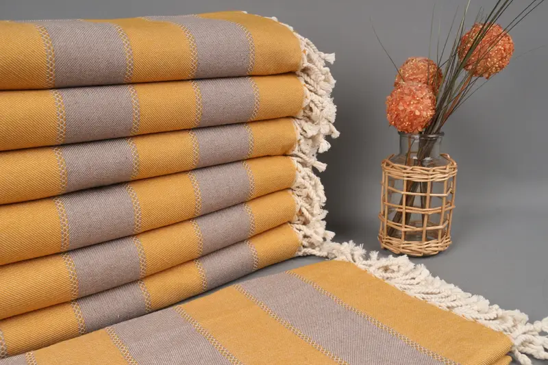 Embroidered Beach Towel Mustard-Beige Striped Organic Cotton, 36x65 Inches