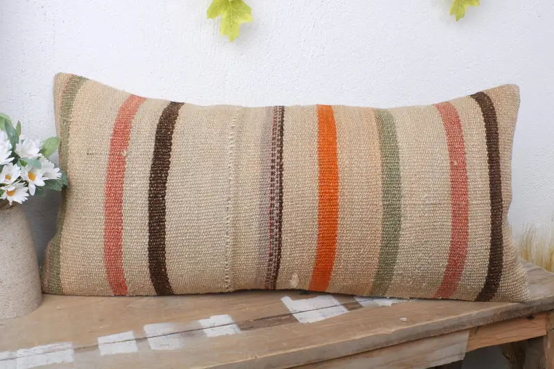 Kilim Rug Cushion, Personalized Gift Pillow Cushion Case, Pillow, Kilim Cushion Sham, 12x24 Beige Pillow, Turkish Kilim Pillow, Throw Kilim Pillow - 4