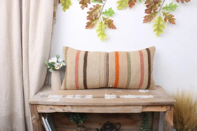 Kilim Rug Cushion, Personalized Gift Pillow Cushion Case, Pillow, Kilim Cushion Sham, 12x24 Beige Pillow, Turkish Kilim Pillow, Throw Kilim Pillow - 1